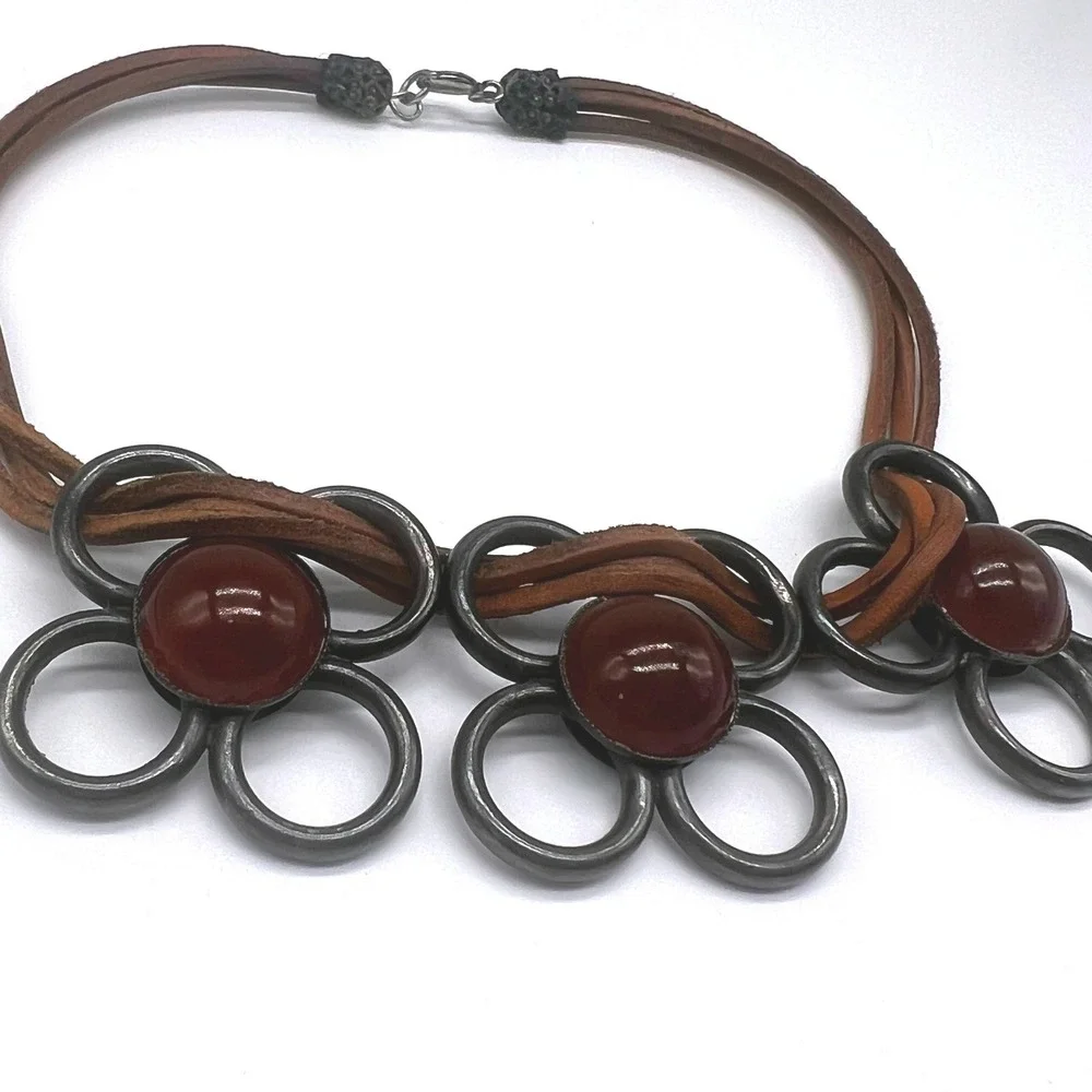 W Germany Vintage Modernist Necklace Leather Metal Reddish-Brown Cabochon Floral